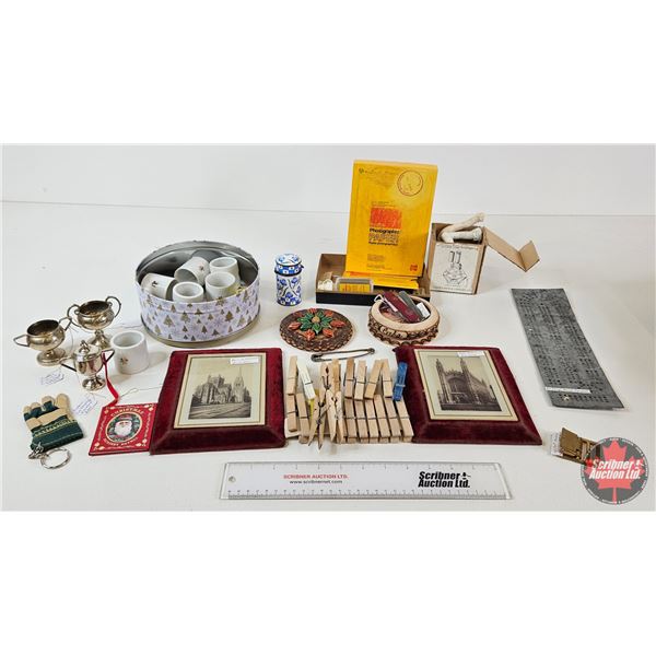 Collector Combo : Victorian Church Pictures ; Pocket Knives ; Wooden Bowl ; Alcohol Lamp ; Porcelain