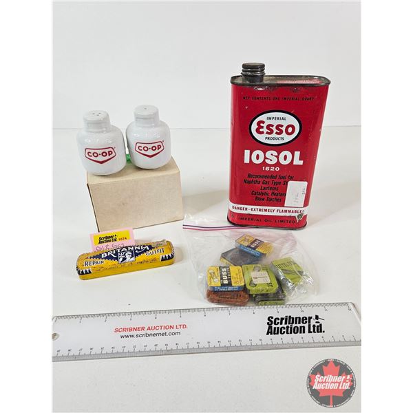 Vintage Combo : Automotive Fuses ; Tire Repair Tin ; Esso Iosol Tin ; Co-op Salt & Pepper Shakers (T