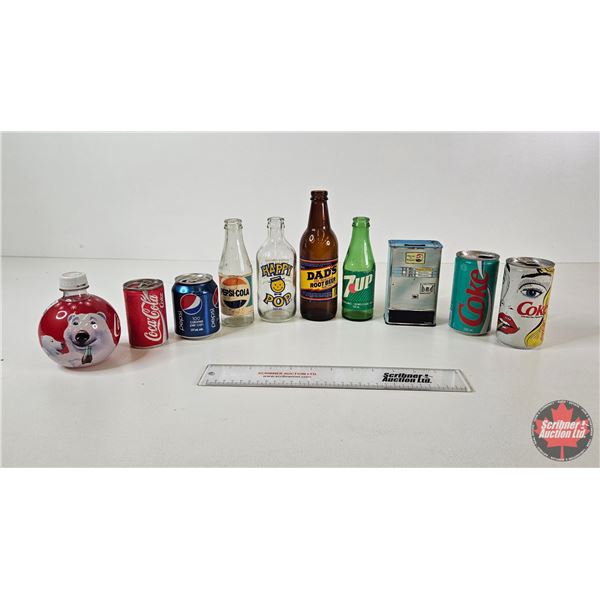 Collectible Vintage Soft Drink Bottles & Cans : Incl : Pepsi Tin Coin Bank (10 Items Total)