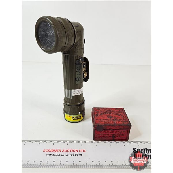 Combo :  - Military Flashlight  - Dominion Cartridge Beaver Brand Blasting Caps Tin  (Tin Measures :