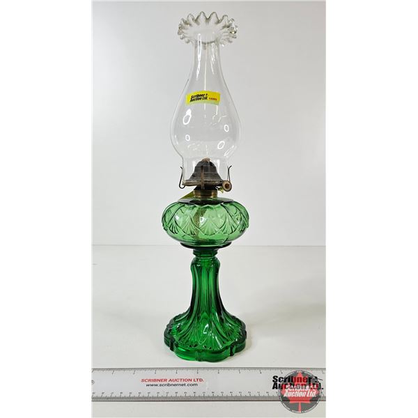 Green Erin Fan Pedestal Oil Lamp : Ruffle Top Chimney  (Height w/Chimney : 17"H)