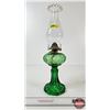 Image 1 : Green Erin Fan Pedestal Oil Lamp : Ruffle Top Chimney  (Height w/Chimney : 17"H)