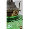 Image 3 : Green Erin Fan Pedestal Oil Lamp : Ruffle Top Chimney  (Height w/Chimney : 17"H)