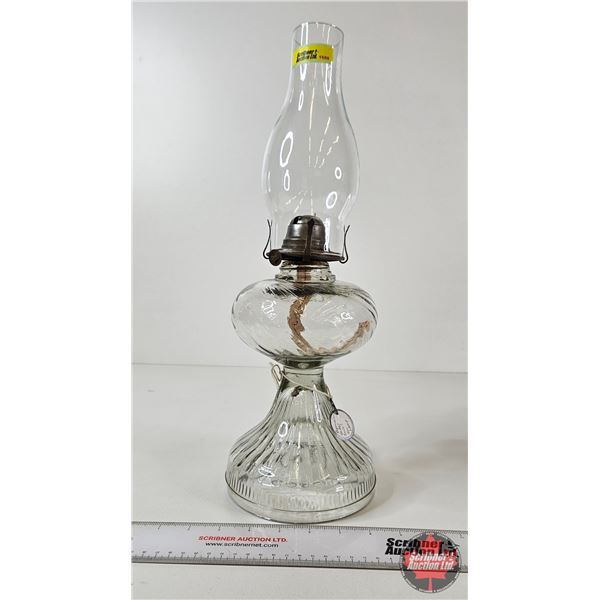 Oil Lamp : Clear Glass : Swirl Pattern : White Flame Burner (Measures w/Chimney : 18"H)