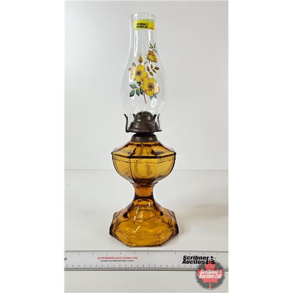 Oil Lamp : Amber Greek Key w/Floral Chimney (Measures w/Chimney : 17-1/4"H)