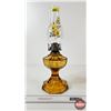 Image 1 : Oil Lamp : Amber Greek Key w/Floral Chimney (Measures w/Chimney : 17-1/4"H)