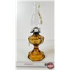 Image 2 : Oil Lamp : Amber Greek Key w/Floral Chimney (Measures w/Chimney : 17-1/4"H)