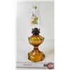 Image 3 : Oil Lamp : Amber Greek Key w/Floral Chimney (Measures w/Chimney : 17-1/4"H)