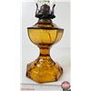 Image 4 : Oil Lamp : Amber Greek Key w/Floral Chimney (Measures w/Chimney : 17-1/4"H)