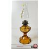 Image 5 : Oil Lamp : Amber Greek Key w/Floral Chimney (Measures w/Chimney : 17-1/4"H)