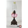 Image 1 : Oil Lamp : Cast Iron Base : Cranberry Glass Font : Oval Chimney (c. 1870) (Measures w/Chimney : 19-3