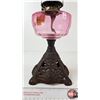 Image 2 : Oil Lamp : Cast Iron Base : Cranberry Glass Font : Oval Chimney (c. 1870) (Measures w/Chimney : 19-3