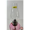 Image 3 : Oil Lamp : Cast Iron Base : Cranberry Glass Font : Oval Chimney (c. 1870) (Measures w/Chimney : 19-3