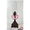 Image 4 : Oil Lamp : Cast Iron Base : Cranberry Glass Font : Oval Chimney (c. 1870) (Measures w/Chimney : 19-3
