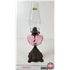 Image 5 : Oil Lamp : Cast Iron Base : Cranberry Glass Font : Oval Chimney (c. 1870) (Measures w/Chimney : 19-3