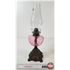 Image 6 : Oil Lamp : Cast Iron Base : Cranberry Glass Font : Oval Chimney (c. 1870) (Measures w/Chimney : 19-3