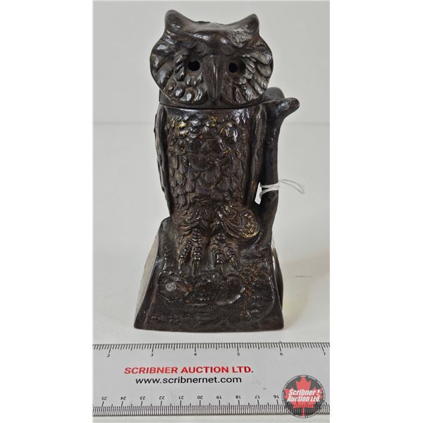 Antique Mechanical Owl Bank : Cast Iron (Measures : 7-1/2"H)