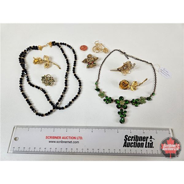 Costume Jewelry : Broaches ; Black Bead Necklace ; Rhinestone Necklace (10 pcs)