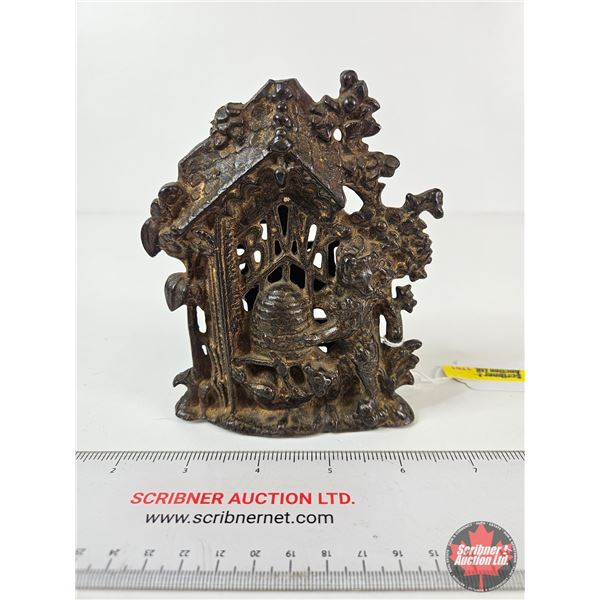 Antique Cast Iron Coin Bank : Bear and Beehive (Measures : 5"H)