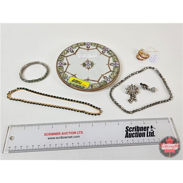Costume Jewelry : Necklaces ; Bracelet ; Earrings ; Brooch c/w Nippon Hand-Painted Trivet (6"Dia)