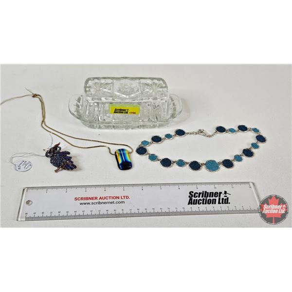 Jewelry (3) :  - Alfred Sung Necklace - Aurora Borealis Scarab Necklace - Owl Rhinestone Brooch (c/w
