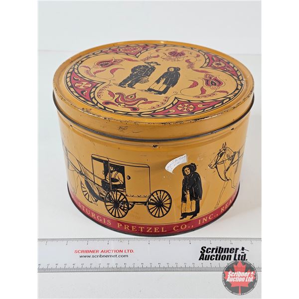 Vintage Pretzel Tin : Amish Motif :" Victor Brand : Sturgis Pretzel Co. Inc , Reading, PA" (Measures