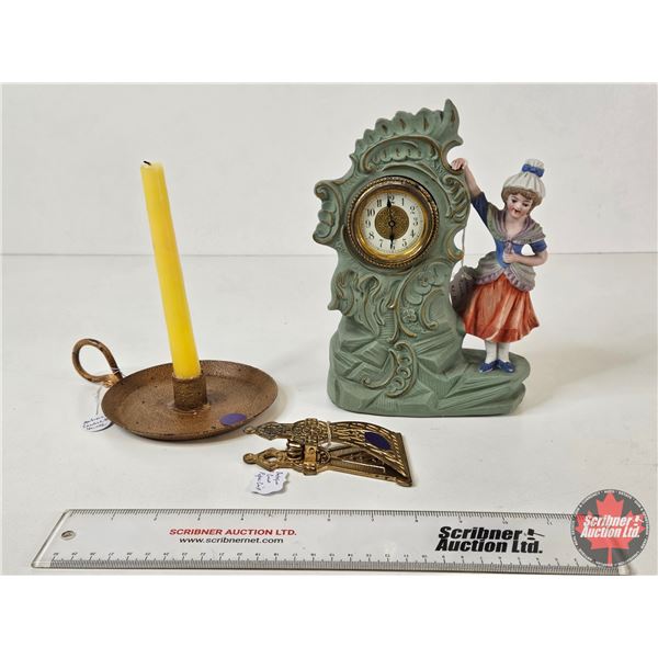 Antique Trio: - Lady Clock (9"H) - Metal Paper Clip - Finger Candle Holder
