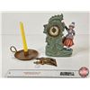 Image 1 : Antique Trio: - Lady Clock (9"H) - Metal Paper Clip - Finger Candle Holder