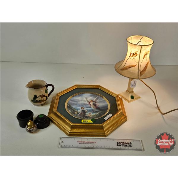 Collector Combo : Framed Decorative Plate ; French Ivory Lamp (c. 1940) ; Pottery Cup ; Salt Shaker 