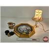 Image 1 : Collector Combo : Framed Decorative Plate ; French Ivory Lamp (c. 1940) ; Pottery Cup ; Salt Shaker 