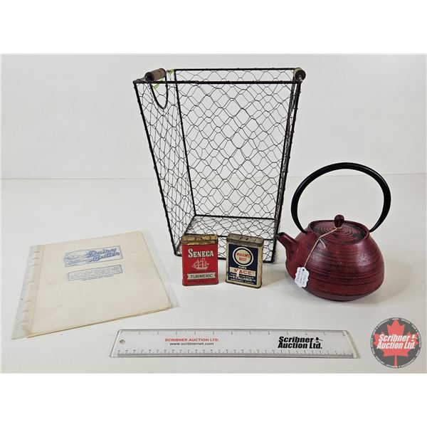 Kitchen Combo : Japanese Red Cast Iron Kettle ; Butter Paper (3 Sheets) ; Spice Tins (2) ; Wire Bask