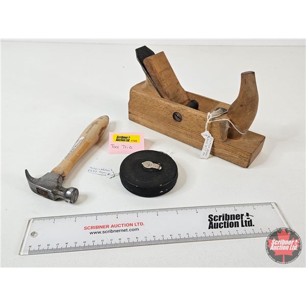 Tool Trio : - Ott Wood Plane (Measures : 9-1/2"L) - 6oz Hammer - 50 ft Tape Measure