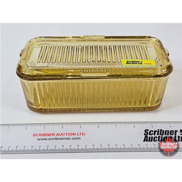 Gold Depression Glass Covered Refrigerator Dish (Note : Minor Chip on Edge - Sanded Smooth, Not Shar