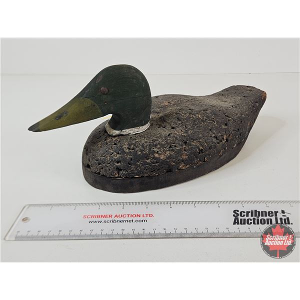 Hand Carved Mallard Duck Decoy : Quebec (1920) : Cork Body (Measures : 6"H x 6"W x 14"L)