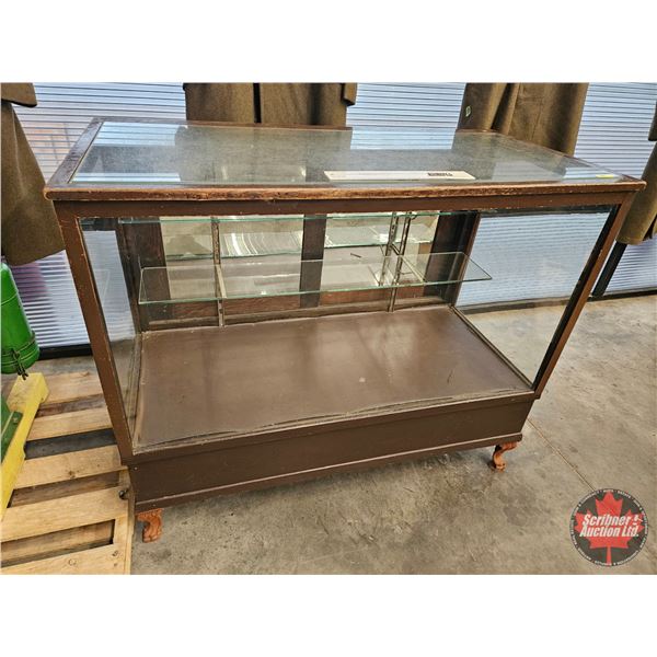 Antique Showcase : 2 Shelves : Sliding Mirror Doors : Cast Iron Front Legs (Measures : 40"H x 48"W x
