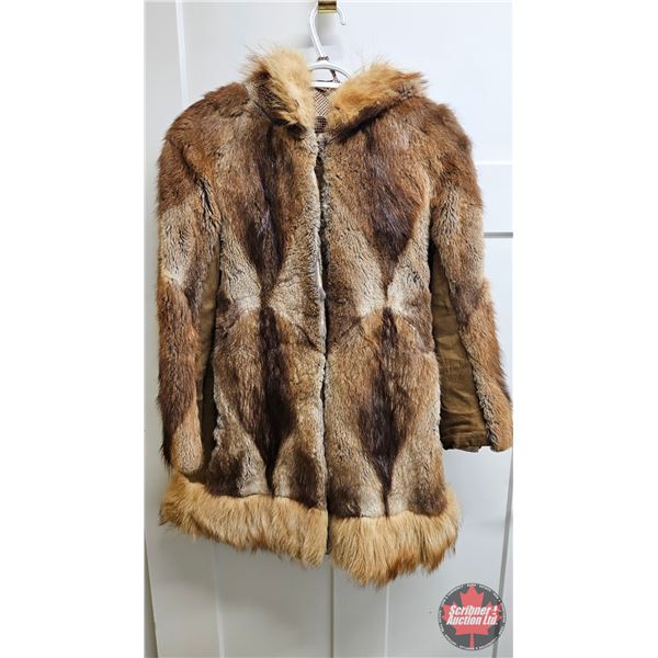 Fur Coat : Muskrat & Possibly Coyote or Fox Collar and Bottom Trim : Size Unknown (Note : Seam Separ