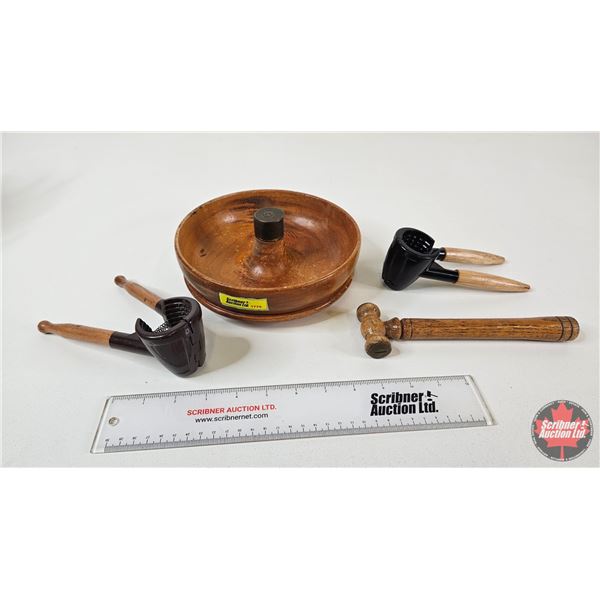 German Nut Bowl; Mallet & Nut Crackers (Bowl : 8"Dia)