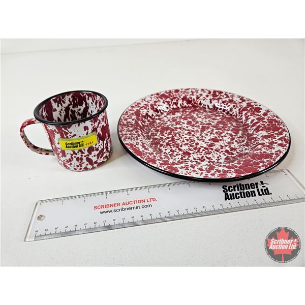 Enamelware : Plate & Cup : Speckled Red (Plate : 10"Dia)