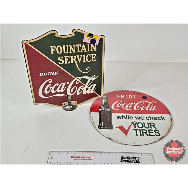 Coca-Cola Reproduction Signs (2) : - Service Station : Tin Embossed (12"Dia) - Fountain Service : Ca