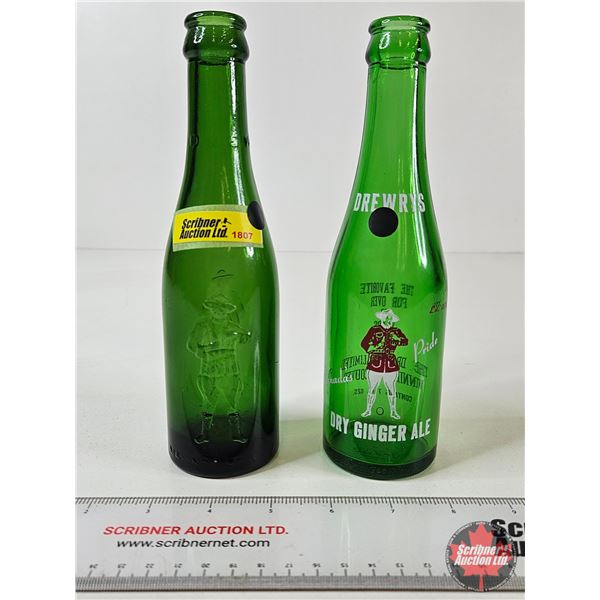 Drewry's Ginger Ale Bottles (2) : - ACL Label - Embossed Mountie (Both Measure : 8"H)