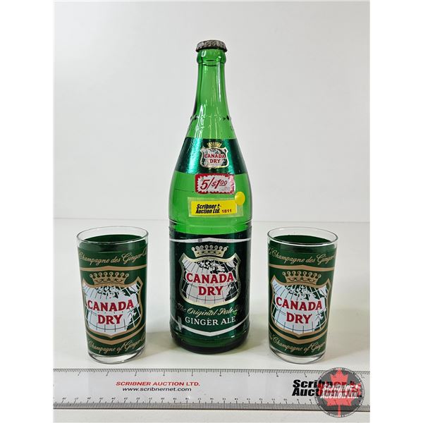 Vintage Canada Dry Bottle & 2 Drinking Glasses (Bottle Measures : 11-3/4"H)