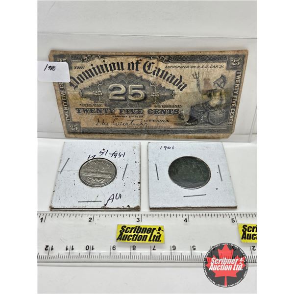 Canada Coin/Bill Collector Combo (3) : - Dominion of Canada 1900 Twenty Five Cent "Shinplaster" : Co