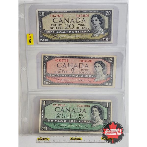 Canada Bills 1954 (3) : Incl $20 Devil's Face  - $20 Bill "DF" Devil's Face : Coyne/Towers #BE167369