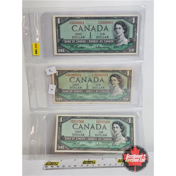Canada $1 Bills 1954 (3) :  - Beattie/Rasminsky #HN5060081 - Beattie/Rasminsky *Replacement # *SO029