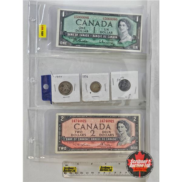 Canada Coin/Bill 1954 Collector Combo (5) : - $1 Bill : Beattie/Rasminsky #HN5060080 - $2 Bill : Law