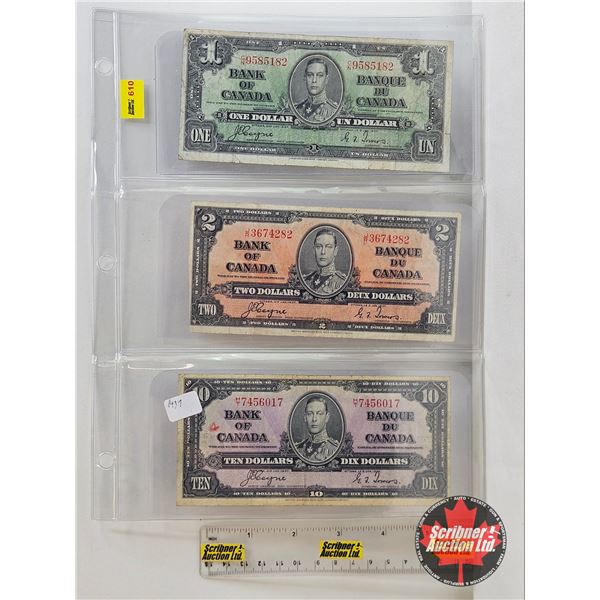 Bank of Canada 1937 Bills (3): - $1 Bill : Coyne/Towers #CN9585182 - $2 Bill : Coyne/Towers #JR36742