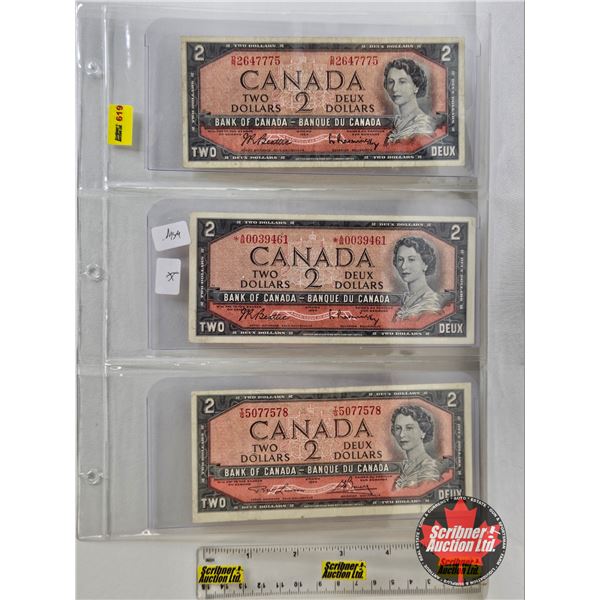 Canada $2 Bills 1954 (3) : Including * Replacement  - Beattie/Rasminsky #DR2647775 - *Replacement : 