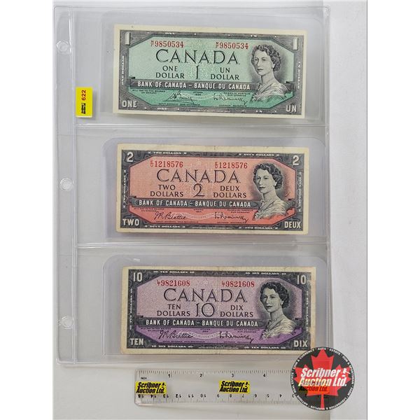 Canada Bills 1954 (3) :  - $10 Bill : Beattie/Rasminsky #LT9821608 - $2 Bill : Beattie/Rasminsky #EU