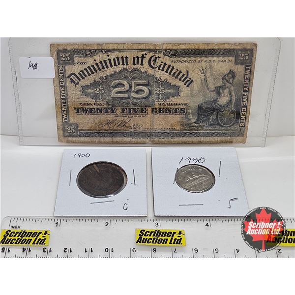 Canada Coin/Bill Collector Combo (3) : - Dominion of Canada 1900 Twenty Five Cent "Shinplaster" : Bo