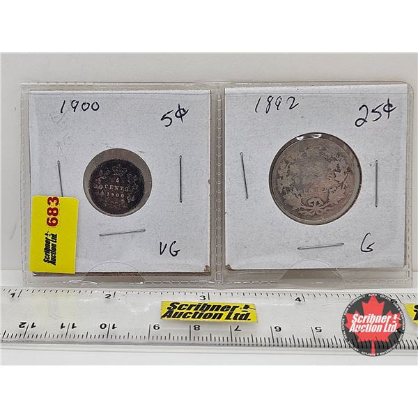 Canada Coins (2): 1900 Five Cent ; 1892 Twenty Five Cent